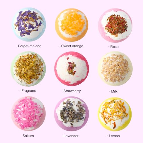 Primeauty 9PCS Bath Bomb Set Organic Lavender Bath Bombs Sets Spa Birthday Valentines Mothers Day Christmas Gift Baskets for Women Girl Her Relaxing Families-Flower 9PC