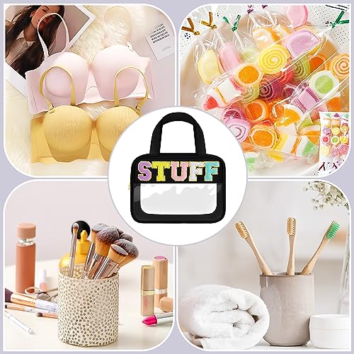 SIMBOOM Chenille Letter Clear Makeup Bag, Preppy Cosmetic Bag Clear Snack Bags with Zipper, Stuff Bag Waterproof Sunscreen Bag Travel Toiletry Bag Cosmetic Pouch for Women and Girls (Plus Size, Black)