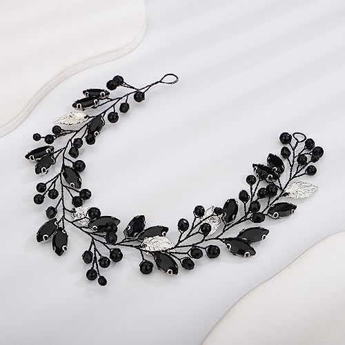 Teyglen Bride Wedding Hair Vine Bridal Silver Leaf Crystal Headband Handmade Blue Red Black Rhinestone Pearl Hair Pieces Black Headpieces Hair Accessories for Bride Women Girls (Black)