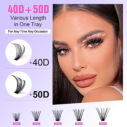 Pawotence DIY Lash Extension Kit Individual Lash Clusters Kit 40D 50D Curl Eyelash Extension Kit 8-16mm Eyelash Clusters with Lash Bond and Seal Lash Tweezers for Beginners (40D50D-0.07D-8-16MIX KIT)