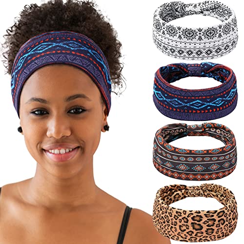 WILLBOND 4 Pieces African Headbands Knotted Wide Yoga Stretchy Bandeau African Headwrap Hair Accessories for Women and Girls (Boho Series)