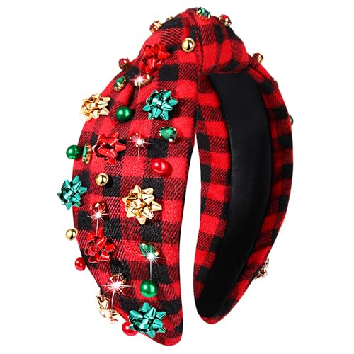 Christmas Headband for Women Holiday Christmas Accessories Beaded Xmas Bow Tree Snowflake HOHOHO Knotted Headband Red Green Crystal Pearl Top Knot Headband Festive Holiday Gifts (Xmas Bow 2)