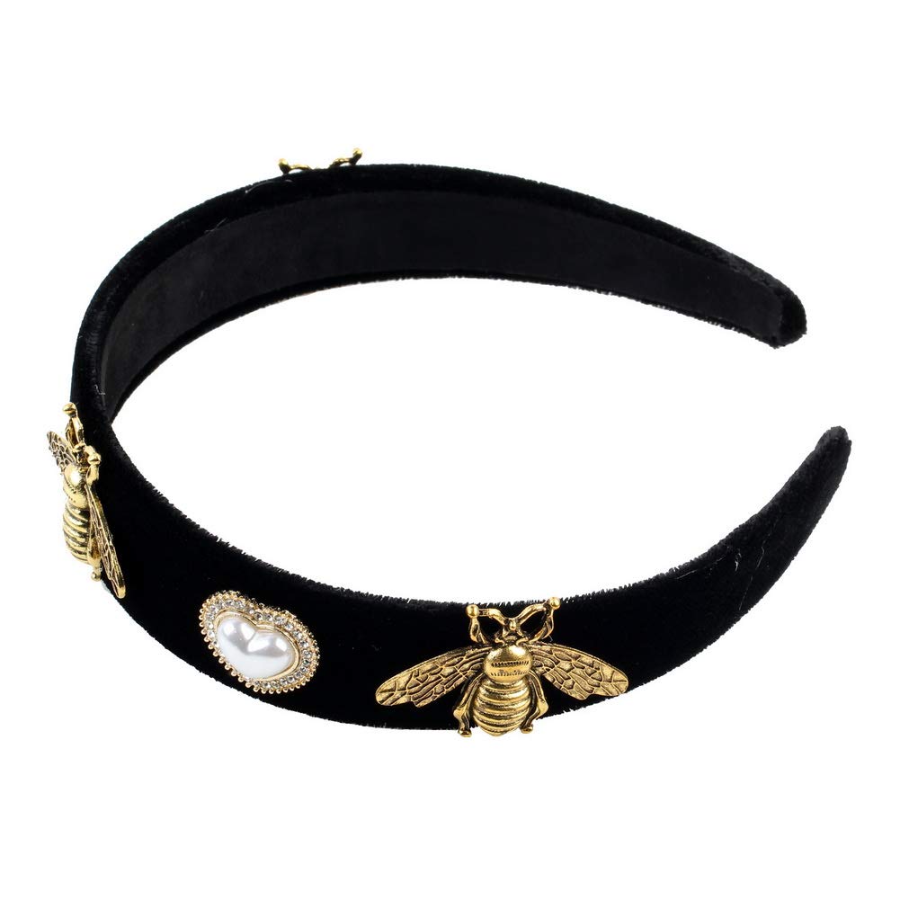 Vintage Black Band Simulated Pearl Bead Flower Hairbands for Women Fashion Alloy Metal Glass Rhinestone Crystal Bee Butterfly Headband Jewelry (Insect)