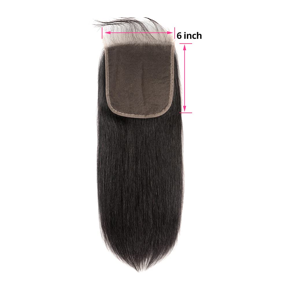 6X6 Closure Huamn Hair Hd Preplucked Straight Closure 6 By 6 Transparent Lace Virgin Brazilian Human Hair 150% Density With Baby Hair 6X6 Lace Closure Only Natural Color 20 Inch