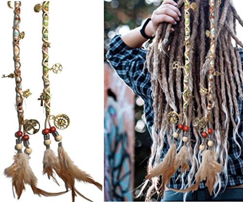 Nutty Natte 2 PCS Hippie Hair Extension Dreadlocks Hairclip Feather Beads Pendant Dread Wrap Hair Fall Hair Wrap Colorful Accessories for Dreads Braids Curls