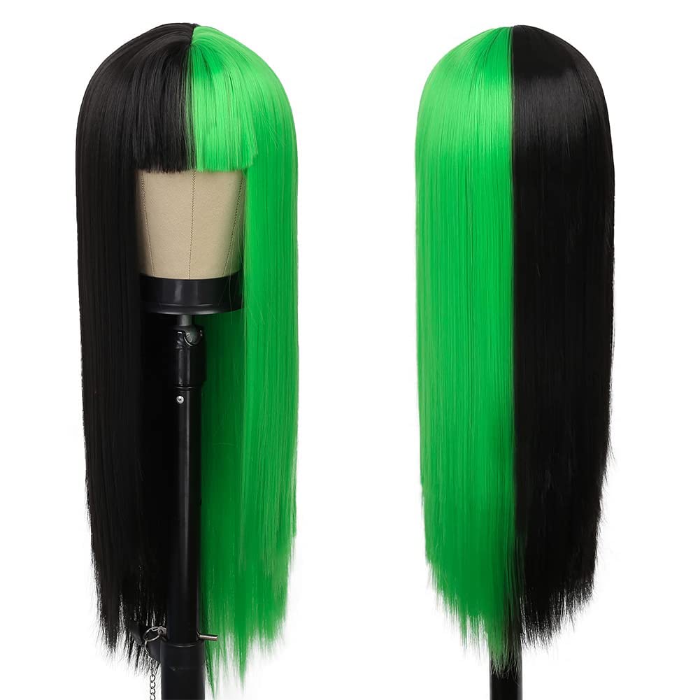 Kaneles Half Black Half Green Wig Long Straight Hair with Bangs Cosplay Natural Wig for Women Cosplay Party Use