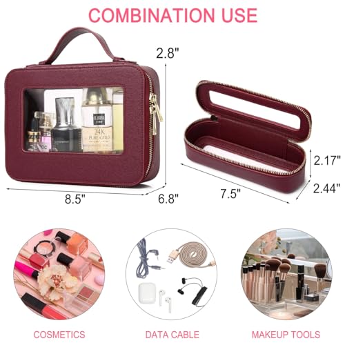 Pinkmik Clear Makeup Bag Transparent Travel Case for Cosmetics and Toiletries Women's Brush Bag and Clear Car Bag with Zipper (G/Burgundy, L+Slim)