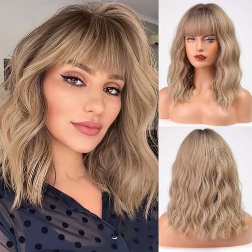 ALANHAIR Blonde Bob Wigs Curly Bob Wigs Ombre Blonde Bob Wig for Women Short Bob Curly Wigs with Bangs Short Bob Wavy Wigs Natural Synthetic Heat Resistant Wigs for Halloween/Christmas/Cosplay/Party