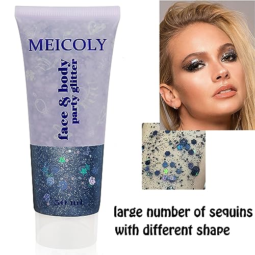 MEICOLY Black Face Glitter,Professional Glitter Body Paint,Mermaid Sequins Eye Glitter Face Painting for Halloween Cosplay SFX Makeup,Chunky Face Glitter Gel for Women and Kids,50ml