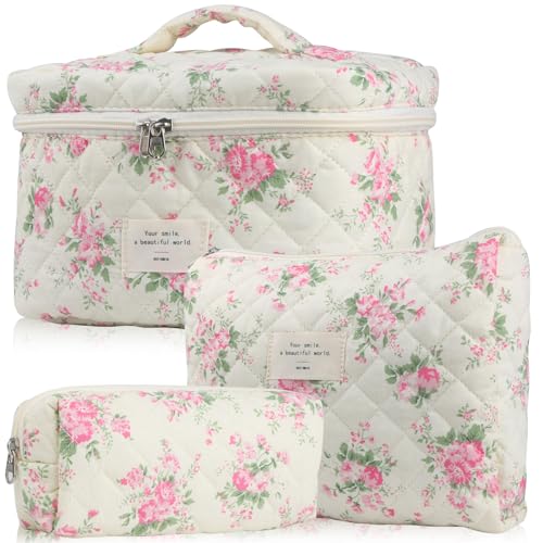 NATINSA Cute Makeup Bag for Women(2 Pcs), Travel Cosmetic Bags, Quilted Coquette Aesthetic Floral Toiletry Organizer Bag (21 - Pink Flower)