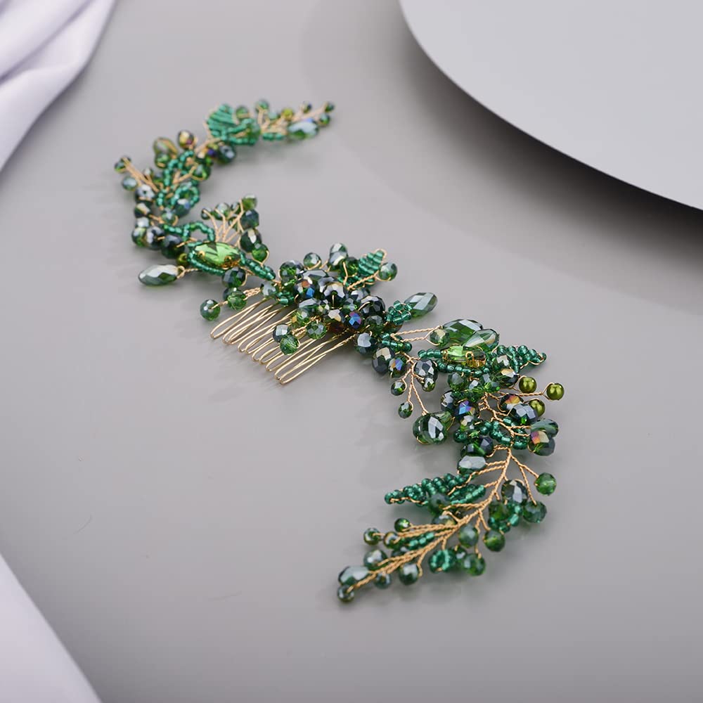 BERYUAN Cute Beads Hair Comb for Bride Women Girls Crystals Hair Comb Multi-Color Beaded Hair Comb Green