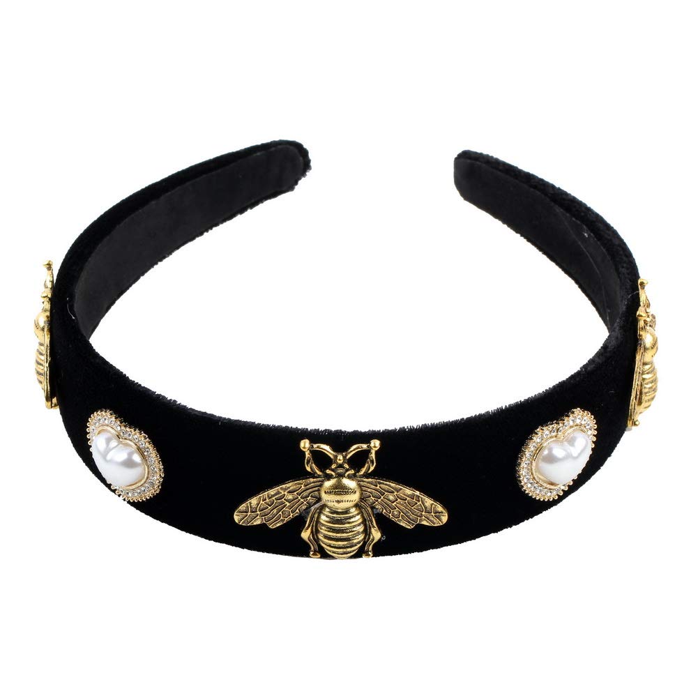 Vintage Black Band Simulated Pearl Bead Flower Hairbands for Women Fashion Alloy Metal Glass Rhinestone Crystal Bee Butterfly Headband Jewelry (Insect)