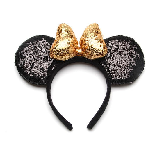 YOVECATHOU Mouse Deluxe Ear Bow Headbands Sequins Hairbands Women Hair Accessories For Cosplay Costume Party (Black Gold)