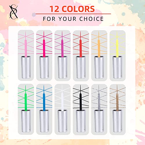 SXC Cosmetics G-41 Gel Liner Nail Art Set 12 Black White Red Pink Colors Paint for Swirl Nails Built-in Thin Brush in Bottle Pens Soak off Gold Silver Glitters Gel…