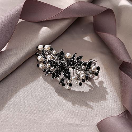 EVER FAITH Austrian Crystal Bridal Hibiscus Flower Leaf Cream Simulated Pearl Hair Clip Barrette Black Silver-Tone