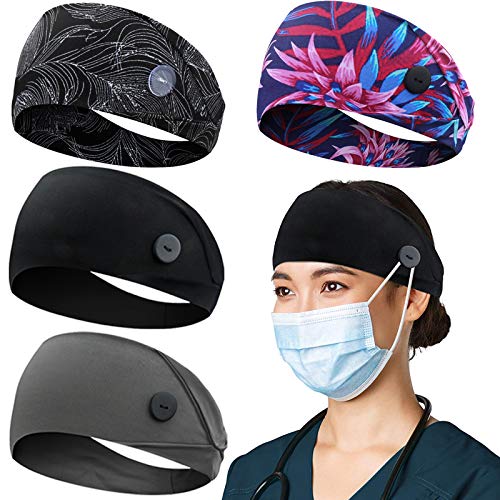 ABAMERICA Headbands with Button for Mask, Wide Nurses Headbands Non Slip Elastic Ear Protection for Women Men Doctors Sweatband Head Wrap (BUTTON- 4 PACK COLOR10)