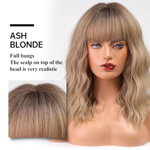 ALANHAIR Blonde Bob Wigs Curly Bob Wigs Ombre Blonde Bob Wig for Women Short Bob Curly Wigs with Bangs Short Bob Wavy Wigs Natural Synthetic Heat Resistant Wigs for Halloween/Christmas/Cosplay/Party