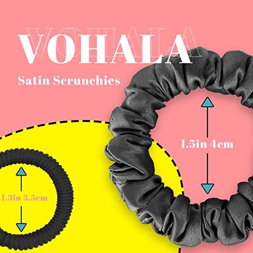 VOHALA 30 Momme Mulberry Small Silk Scrunchies, 5PCS Skinny Silk Scrunchies for Hair & 2PCS Strong Hair Ties Ponytail Holder, Total 7PCS No Damage Luxury Hair Ties for Women (Black)