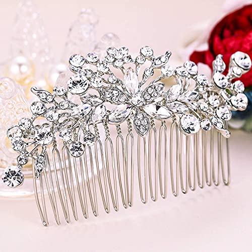 EVER FAITH Women's Clear Rhinestone Crystal Blooming Flower Leaf Stunning Wedding Bride Hair Comb Silver-Tone