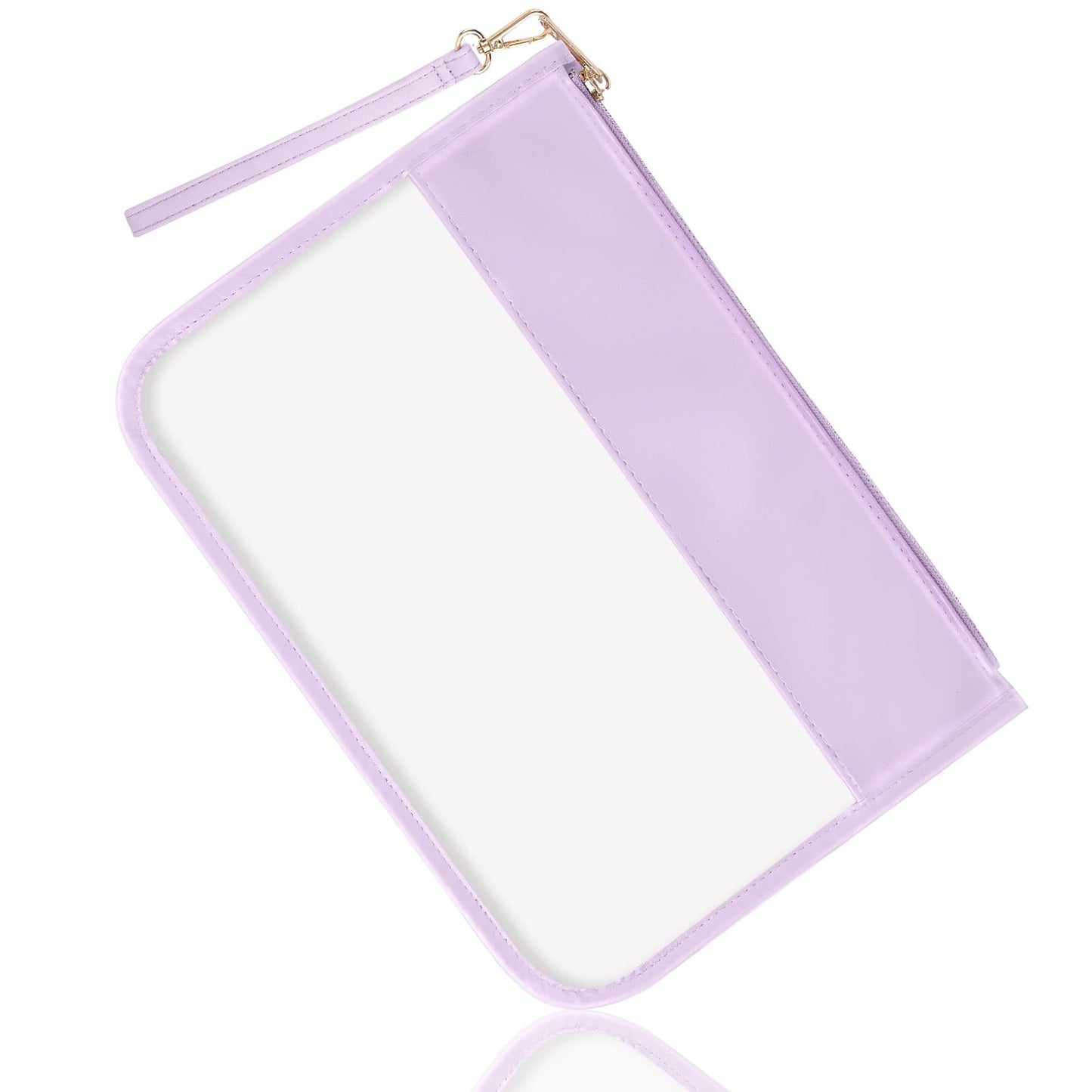 izuzta Clear PVC Flat Pouch, PU Travel Makeup Bag Clear Zipper Pouch with Wristlet, DIY Chenille Letter Bag Waterproof Portable Clear Travel Toiletry Bag Cosmetic Pouch for Women Girls (Purple)