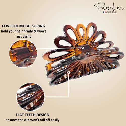 Parcelona French Plume 3" Celluloid No Slip Grip Covered Spring Jaw Hair Claw Durable Styling Women Hair Accessories, Made in France (Tortoise Shell Brown)