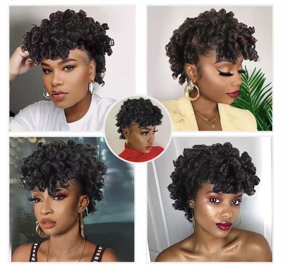 Oseti Short Curly Mohawk Wig Mohawk Hair Clip in Hair Extension Nature Black Mohawk Wigs for Black Women, Deep Wave Mohawk Ponytail Wig with Bangs Faux Hawk Hairpieces for Women Girls (2#)