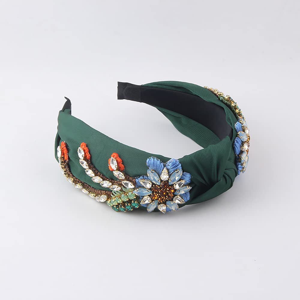 Yusier Baroque Rhinestone Crystal Headbands for Women Embroidered Hair Band Exquisite Hairband Women's Hair Accessories Hair Hoop A Variety of Colors, Satin Fabric (Dark Green)