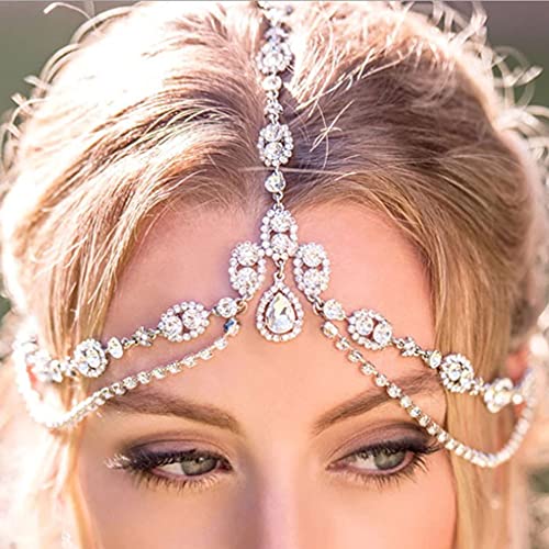 fxmimior Wedding Layered Full Rhinestones Bohemia Head Chain Headbands Tassel Pendant Bridal Hair Jewelry Boho Festival Head Chain Headpiece Fashion Christmas Halloween for Women and Girls (Gold)