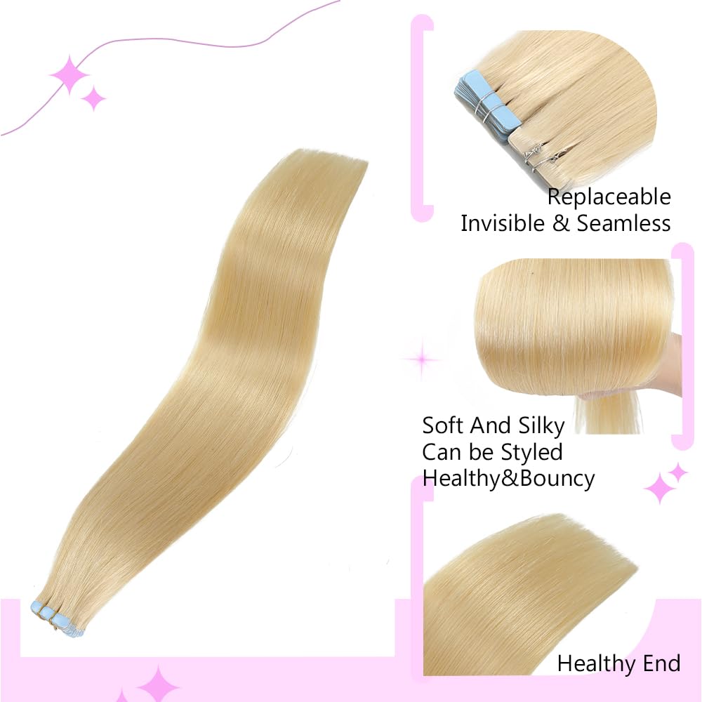 ELFSECRET 100% human hair Tape In Hair Extensions Invisible PU Seamless Skin Weft Tape in Real Human Hair Silky Straight Hair Extensions Soft Thick To End 40g/pack 20pcs (22 Inch, 613 Bleach Blonde)