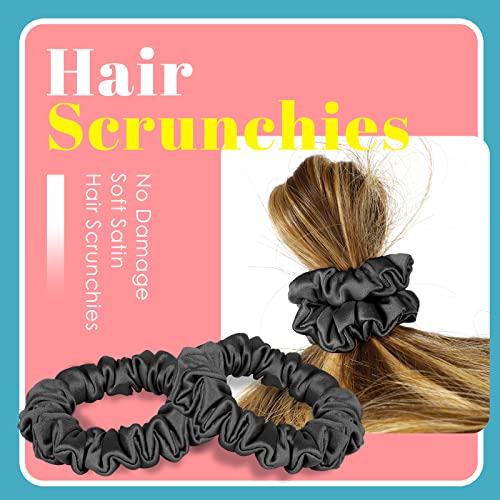 VOHALA 30 Momme Mulberry Small Silk Scrunchies, 5PCS Skinny Silk Scrunchies for Hair & 2PCS Strong Hair Ties Ponytail Holder, Total 7PCS No Damage Luxury Hair Ties for Women (Black)