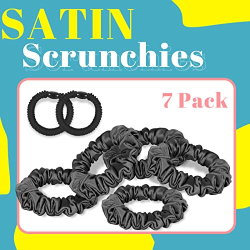 VOHALA 30 Momme Mulberry Small Silk Scrunchies, 5PCS Skinny Silk Scrunchies for Hair & 2PCS Strong Hair Ties Ponytail Holder, Total 7PCS No Damage Luxury Hair Ties for Women (Black)