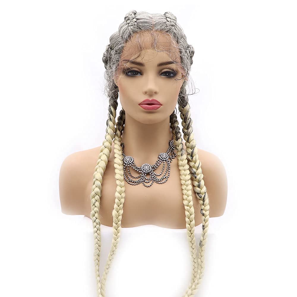 variouswig 4 Braided Wigs Realistic Hand Braided hair Lace Front Wigs Ombre gray/Grey Mix Blonde 613 Synthetic Braided Wig with Baby Hair Real Lace Wig 30 Inch