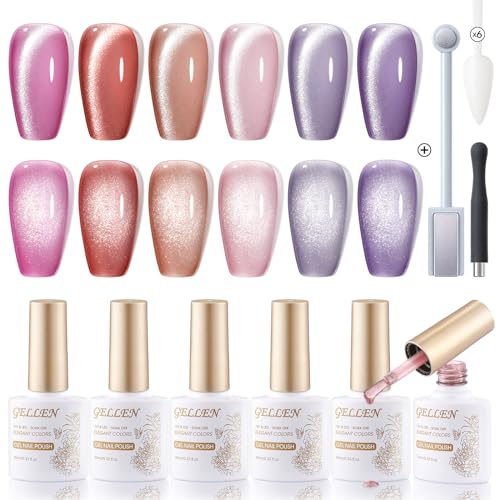 Gellen Cat Eye Gel Polish Set 6 Colors Holographic Glitter Gel Nail Polish Kit with Magnet Sparkle Purple Pink Red Nail Polish Gel Kit Nail Art Home Salon Gel Manicure Kit for Women Girls Gift