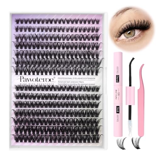 Pawotence DIY Lash Extension Kit Individual Lash Clusters Kit 40D 50D Curl Eyelash Extension Kit 8-16mm Eyelash Clusters with Lash Bond and Seal Lash Tweezers for Beginners (40D50D-0.07D-8-16MIX KIT)