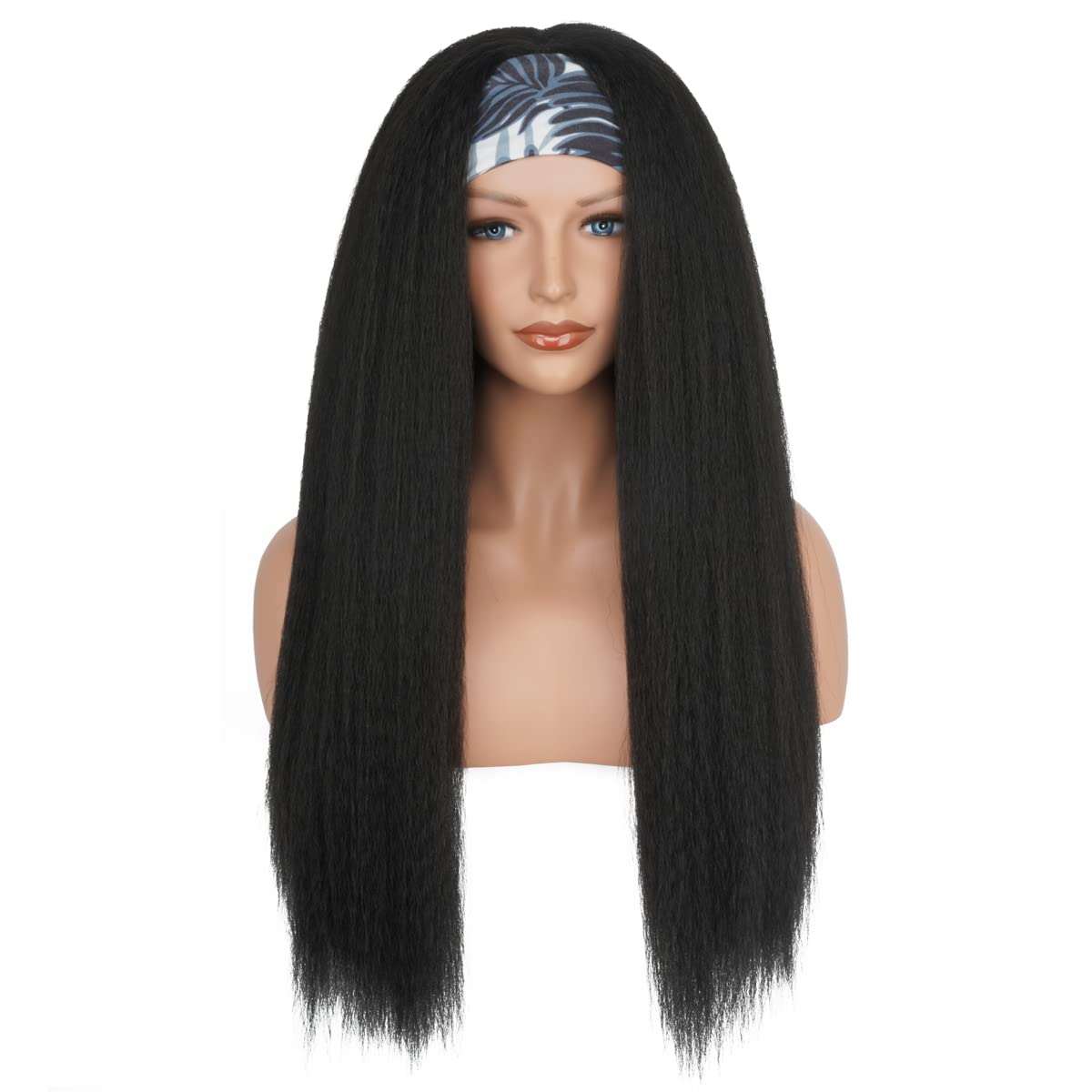 Aminow Kinky Straight Headband Wig, Soft & Natural as Human Hair, Glueless Headband Wigs for Black Women, Long Black Italian Yaki Synthetic Half Wig (1B Natural Black, 26 Inch)