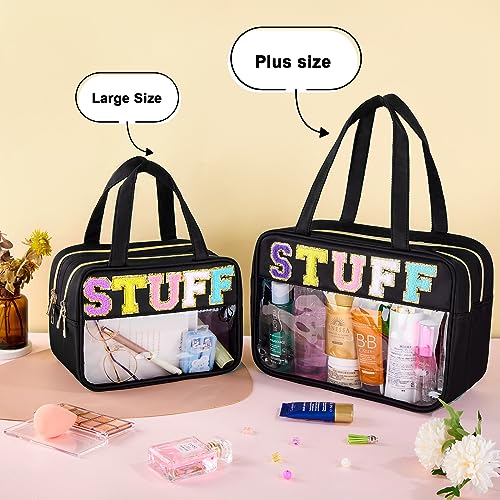 SIMBOOM Chenille Letter Clear Makeup Bag, Preppy Cosmetic Bag Clear Snack Bags with Zipper, Stuff Bag Waterproof Sunscreen Bag Travel Toiletry Bag Cosmetic Pouch for Women and Girls (Plus Size, Black)