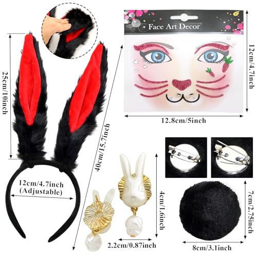 RechicGu 4 Pcs Halloween Bunny Costume Accessories Set Plush Bunny Ears Headbands Bunny Tail Rabbit Headwear Costume Hair Accessories for Women Party Prom Cosplay Easter Black Red