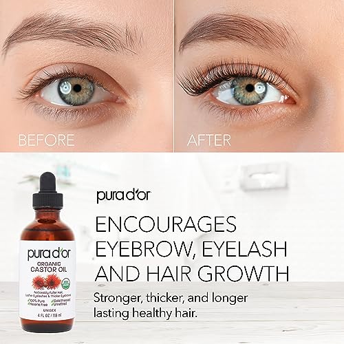 PURA D'OR 4 Oz ORGANIC Castor Oil - 100% Pure USDA Certified Cold Pressed, Hexane Free Eyelash & Eyebrow Growth Serum - 2 Empty Bonus Applicators - For Fuller, Thicker Lashes & Brows - Skin & Hair