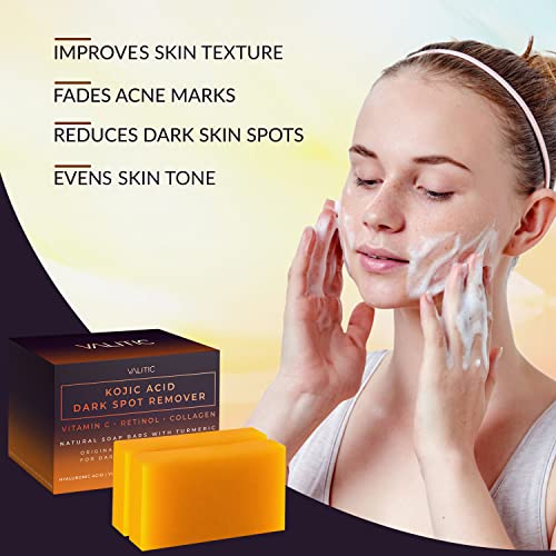 VALITIC Kojic Acid Dark Spot Remover Soap Bar with Vitamin C,Retinol,Collagen,Turmeric - Original Japanese Complex Hyaluronic Acid,E,Shea Butter,Castile Oil (2 Pack) With Holder,Pack of 3,3.5 ounces