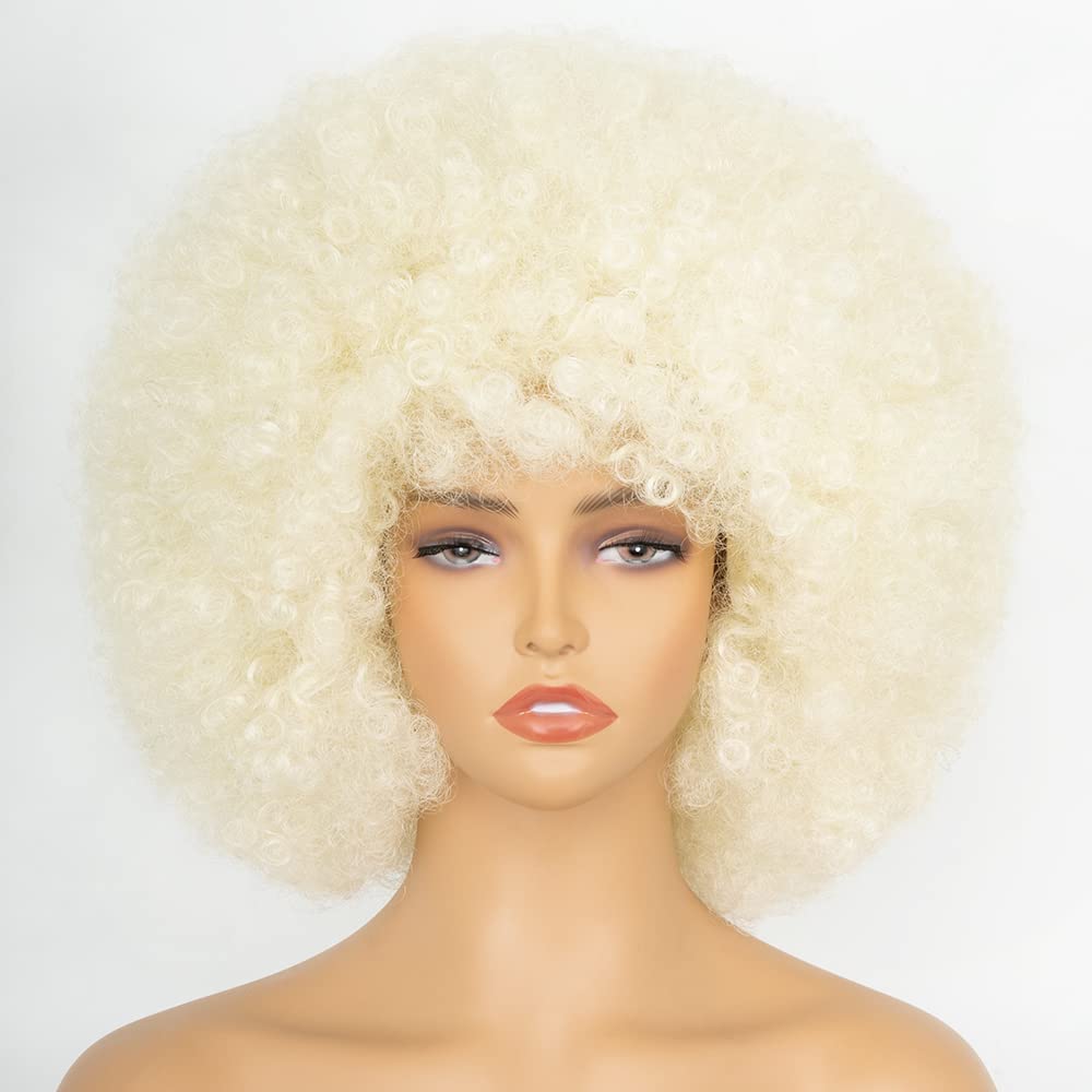 70's Afro Wig for Women, Platinum Blonde Short Afro Kinky Curly Wig, Glueless Synthetic Wig with Bangs, Puffy & Fluffy Bouncy Afro Wig for Daily Cosplay Party