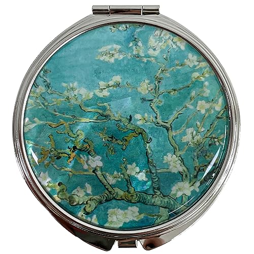 Nacreh Portable Makeup Compact Double Magnifying Mirror Cosmestic Foldable Pocket Style Unique Mother of Pearl Design (Almond Blossom)