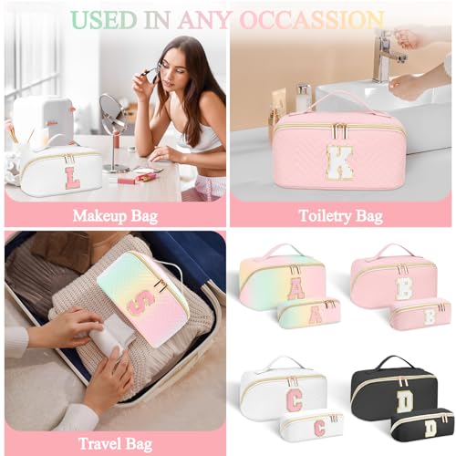 Travel Makeup Bag, Personalized Make Up Gift Cosmetic Bag for Women, Initials Wide-open Makeup Pouch Organizer Bag for Girls, Roomy Makeup Travel Bags - White V