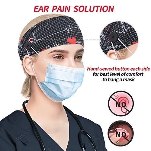 ABAMERICA Headbands with Button for Mask, Wide Nurses Headbands Non Slip Elastic Ear Protection for Women Men Doctors Sweatband Headband (BUTTON- 4 PACK COLOR06)