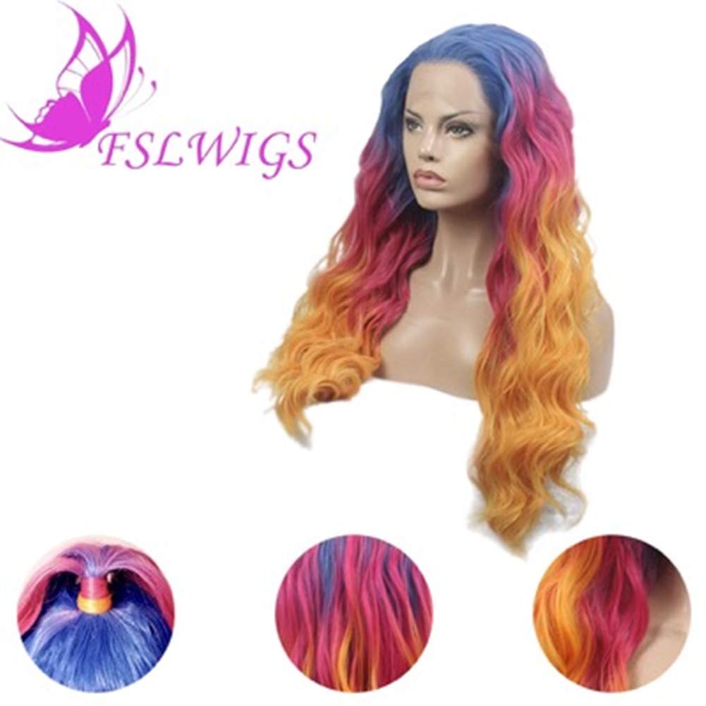 FSLWIGS Long Rainbow Hair Wig Multi-Color Natural Wave Synthetic Lace Front Wigs Colorful Heat Resistant for Music Festival, Theme Parties, Wedding, Concerts, Dating, Cosplay, Daily Use & More