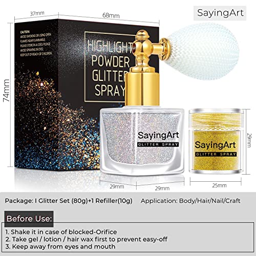 SayingArt Body Glitter Spray, 1 Gold 1 Silver Fine Glitter Spray for Hair Body, Temporary Shiny Glitter Sparkle Hairspray for Skin Cloth Nail Craft Eye Women Holographic Makeup Fairy Mist Powder