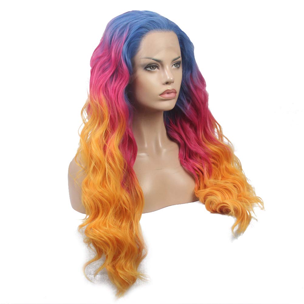 FSLWIGS Long Rainbow Hair Wig Multi-Color Natural Wave Synthetic Lace Front Wigs Colorful Heat Resistant for Music Festival, Theme Parties, Wedding, Concerts, Dating, Cosplay, Daily Use & More