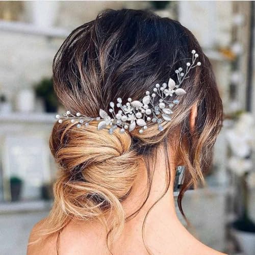 EASEDAILY Bride Wedding Hair Vine Silver Leaf Bridal Headpieces Pearl Crystal Hair Accessories for Women and Girls