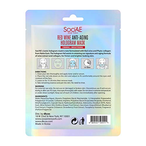 Soo'AE Red Wine Anti-Aging Hologram Mask 1 Count Vegan Collagen Antioxidants to Firm, Restore and Brightening Skin, Korean Beauty Sheet mask hydrate glow brightening premium facial mask face wrap foil kbeauty