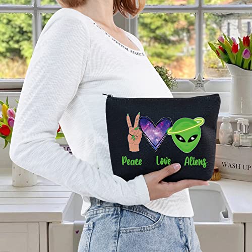 LEVLO Funny Alien Cosmetic Bag Alien Lover Gift Peace Love Alien Makeup Zipper Pouch Bag UFO ET Fans Gift (Peace Alien Black)