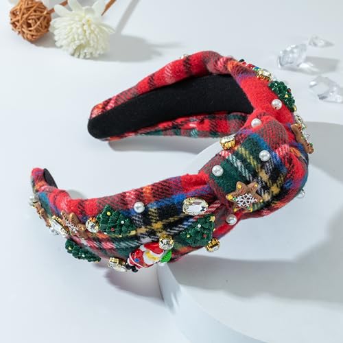 Mixcbe Christmas Jeweled Headband for Women Rhinestone Xmas Tree Snowflake Santa Embellished Knotted Hairband Xmas Twist Wide Red Hair Band Accessories (Woolen-Xmas red)